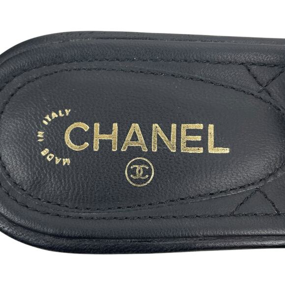 Chanel Camellia Pearl Logo Toe Ring Slingback Flat Sandal Black Size 37.5 - Picture 11 of 13